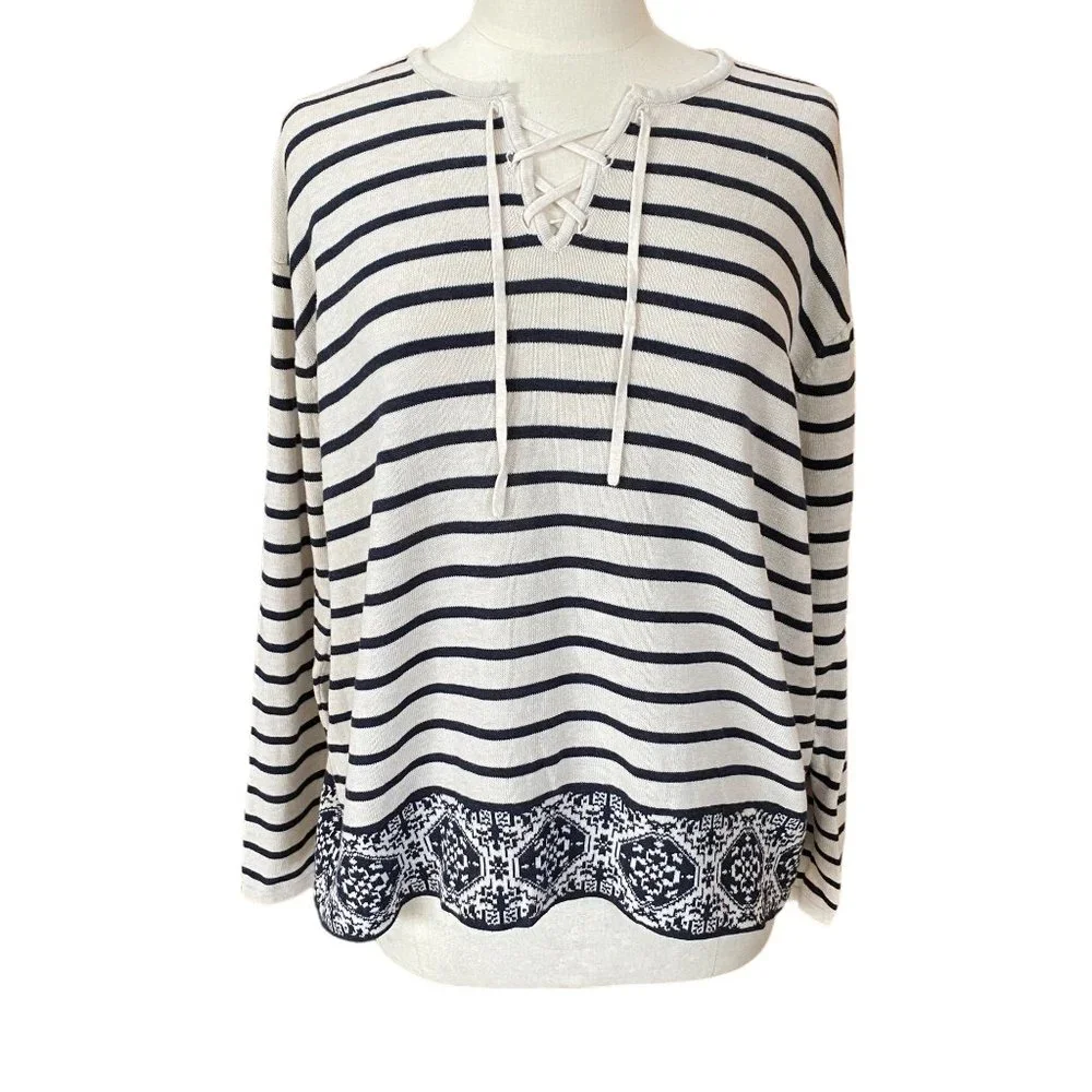 J Jill Striped Lace Up Knit Sweater Bl Cream French Girl-L